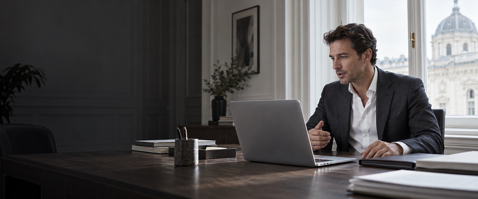 Lawyer dictating at a laptop in an office.